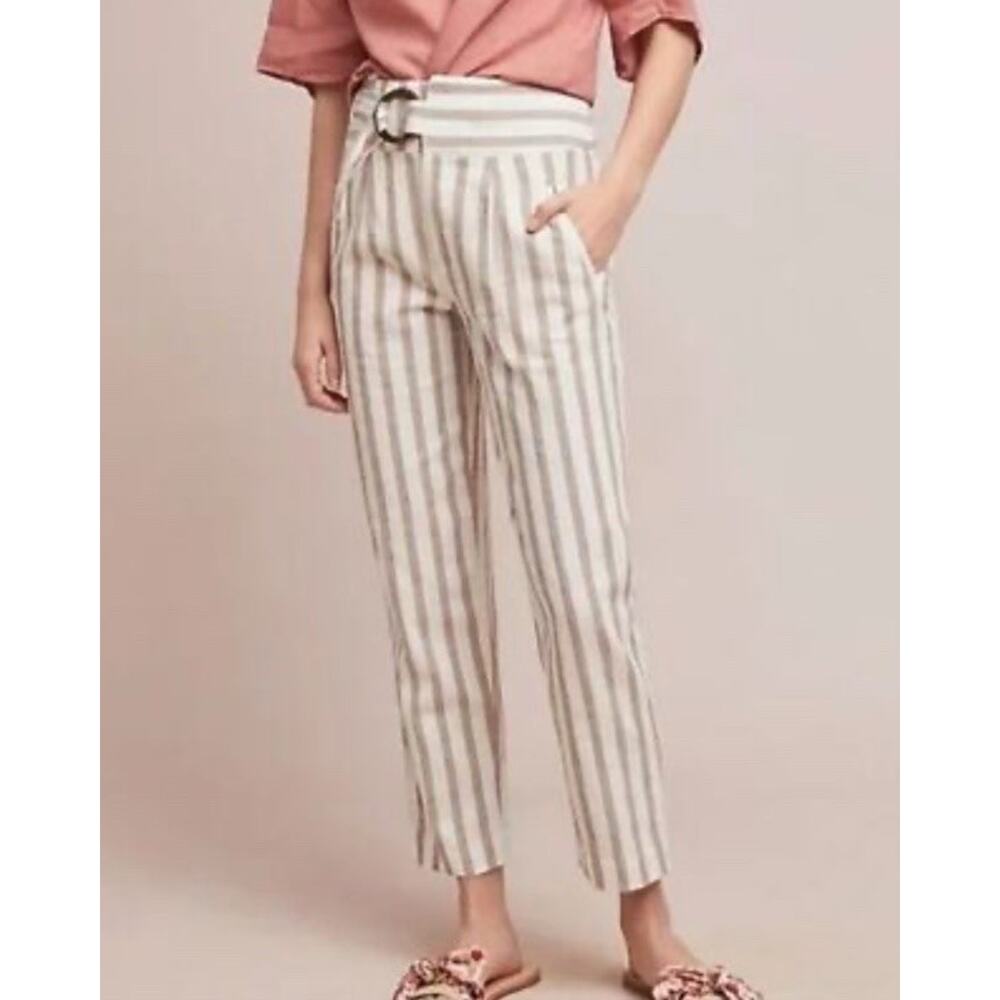 Anthropologie Palm Beach Belted Hi Rise Striped Linen Pant 12 Beach Boho